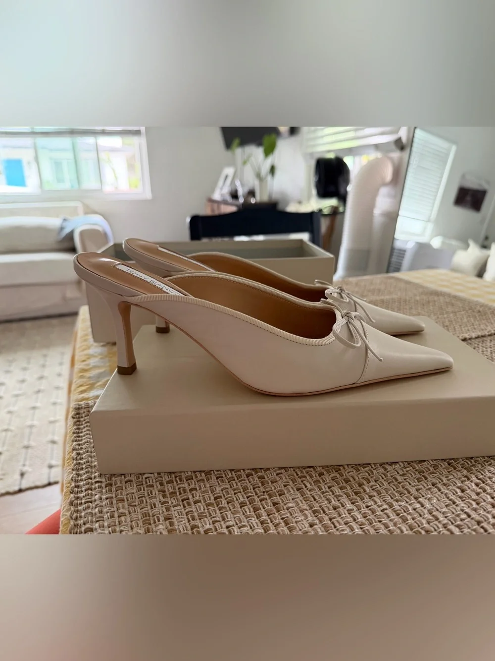 Tony Bianco Cream Pointed-Toe Bow Slip-On Heels - Picture 4 of 10